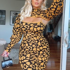 Leopard gold tan black brown turtleneck midi sweater dress 2 piece set